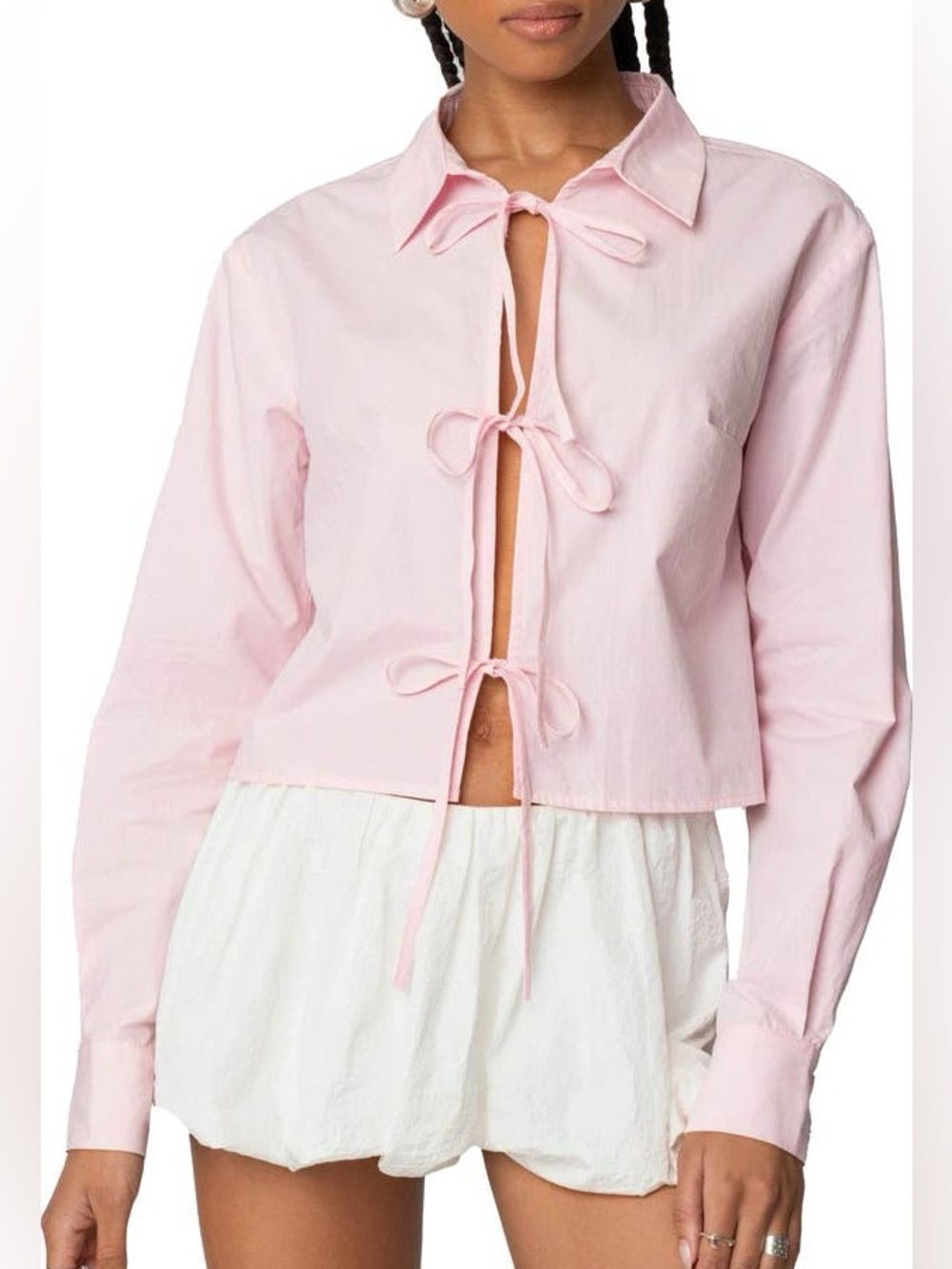 Edikted Melrose Cotton Tie Front Long Sleeve Shirt Baby Pink Size XS